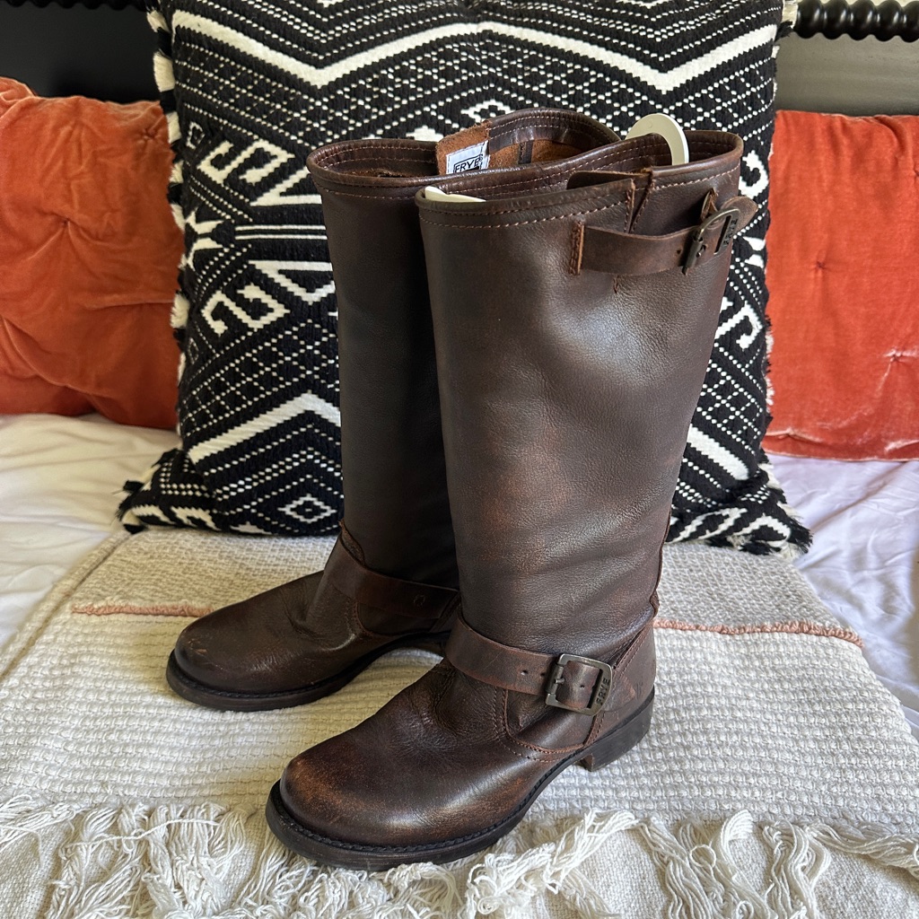 Frye Veronica Slouch Brown Leather Riding Boots In Wide Calf